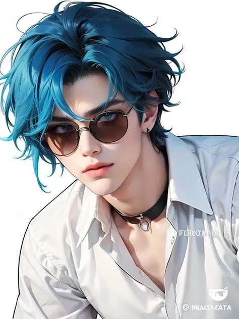 Boy, handsome face, blue hair, blue eyes, white skin, wearing sunglasses, choker nacklace, white shirt, white background