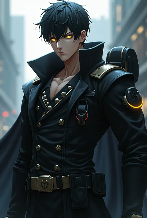 Create a Soldier that looks like an anime villain,  His hair is short and black , Does he have strong military equipment, Your physique is someone strong and your eyes are yellow