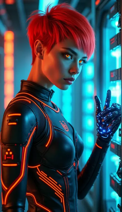 AlphaCode 2 – The Cyberpunk Hacker (Young Adult, 27)
Prompt:
A striking woman with sharp, angular features, short fiery red pixie-cut hair, and piercing golden cybernetic eyes. She wears a black and neon orange high-tech bodysuit with glowing circuitry wov...