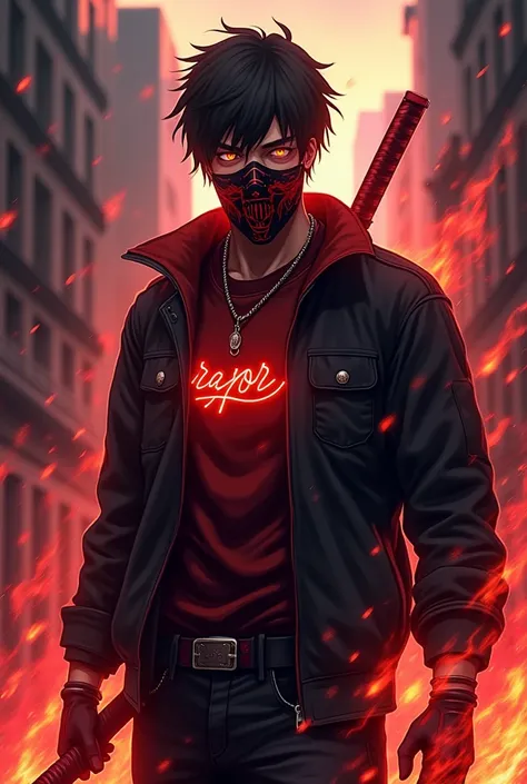 THIS IS A PP ANIME TYPING COMMAND:
 Anime man wearing open jacket holding style fiery katana ,  on the shirt there is an inscription  "razor" flaming red ,  Wear cool mask ,  atmosphere in the middle of the street left right side of the building full aura ...