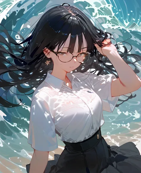  black hair， wave hair，Glasses， shirt， black skirt