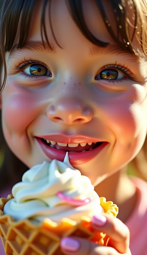 " A hyperrealistic close-up image :  young girl with delicate skin ,  eats ice cream in a waffle cup with a light blush on the cheeks and expressive eyes.  her hair flutters slightly in the wind ,  maybe , with thin strands ,  illuminated by the sun .  On ...