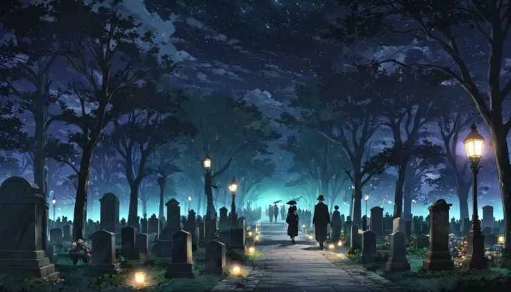 funeral theme ,cemetry at night anime style with people walking