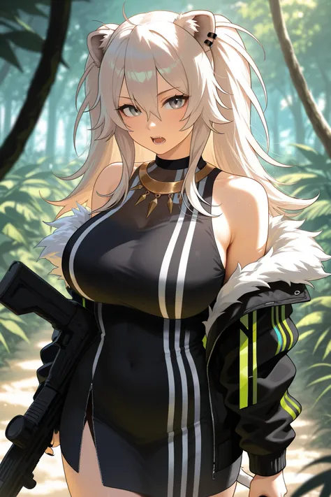 masterpiece, best quality, ultra-detailed, illustration, colorful, 1girl, anime, looking at viewer, school, in jungle, shishiro botan, large breasts, curvy, sleeveless black dress, outer jacket, wielding assault rifle, detailed skin texture, detailed cloth...