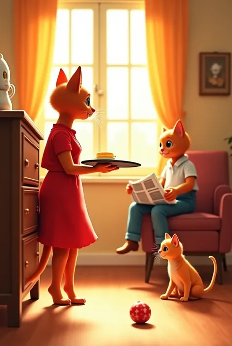 warm, sun-drenched bedroom with light ,  pouring through the window .  An anthropomorphic red cat in a red dress puts a tray on a dresser.  A cat in a white shirt and jeans sits on a chair with a newspaper .  A playful kitten in the foreground is rolling a...