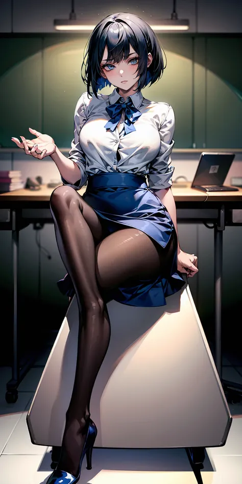 8k, ridiculous resolution ,  high resolution, ( Masterpiece:1.4),  very detailed,  in the seat, blue eyes,  bob cut, pantyhose,黒の pantyhose,A woman wearing high-heeled shoes sits on a chair, pose,  school uniform , female in office dress
