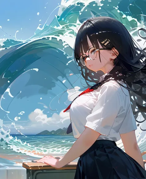  black hair， wave hair，Glasses， shirt， black skirt，classroom