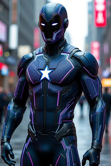  Generate super futuristic Marvel costumes for me with a lot of details , For men,  with a lot of very many details with a computer pattern all over my body,very very futuristic 