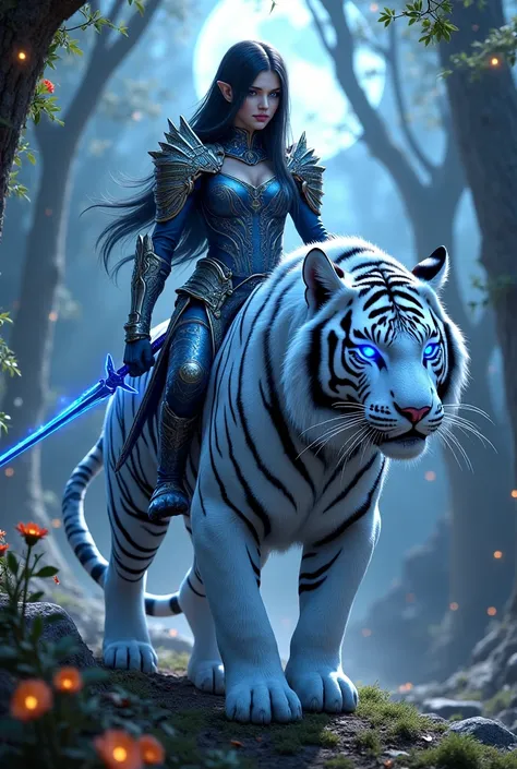 Create a highly detailed and realistic fantasy-style image of a night elf warrior. She is elegant yet fierce, with long dark hair, glowing blue eyes, and intricate silver-blue armor decorated with elven engravings. She wields dual enchanted blades and ride...