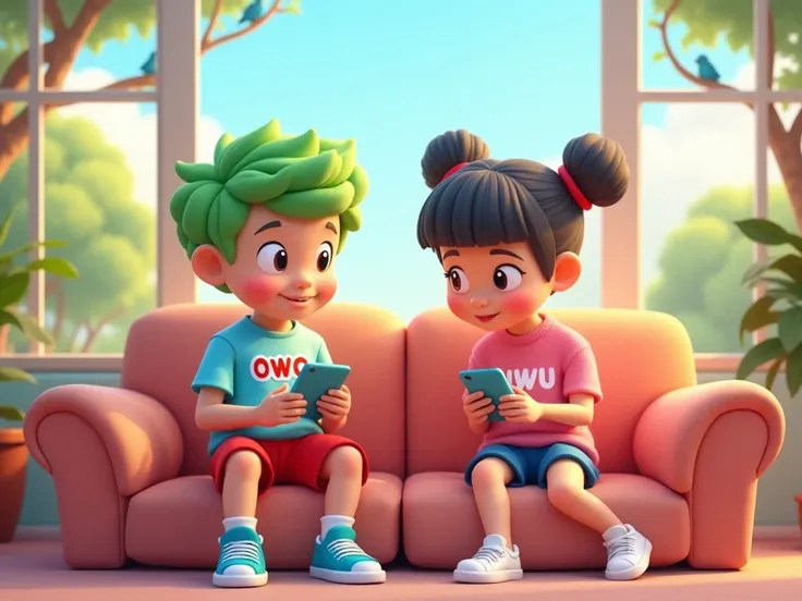 Prompt:
A 3D Pixar-style illustration with a soft and friendly pastel color palette. Owo and Uwu are sitting on a cozy sofa inside their home, each holding a smartphone with their eyes focused on the screen. Owo, an  boy with bright green hair, wears a lig...