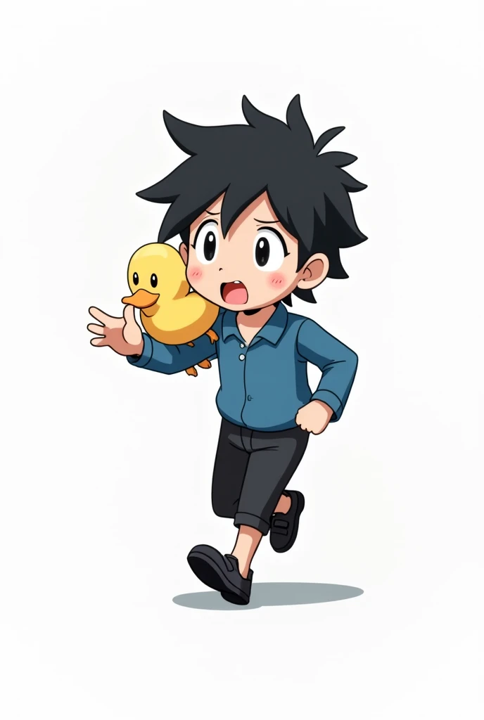 Play my character boy with black hair wearing a blue shirt with black pants and black shoes and a little duck on his shoulder and make my character running with a scared face white background anime version