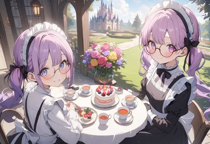 Long purple hair ,  is wearing maid clothes, round glasses, Round eyes 鏡, European garden, flower garden, Enchanted Garden, castle, Front Light ,Cute 2D, Front lighting 、( to show your lower belly、masterpiece、 high resolution、 Details)、animeスタイル、 flat styl...