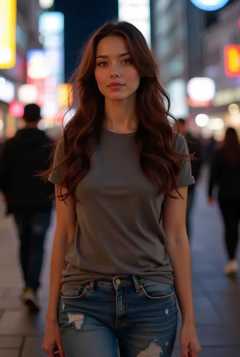 best quality,8k, Detailed facial depictions, Detailed eye description, Brown hair(long wavyhair),beautiful korean girl, 40 years old, slim body, huge breast , tshirt and short jean , walking around in the middle of the city with lots of people in Itaewon, ...