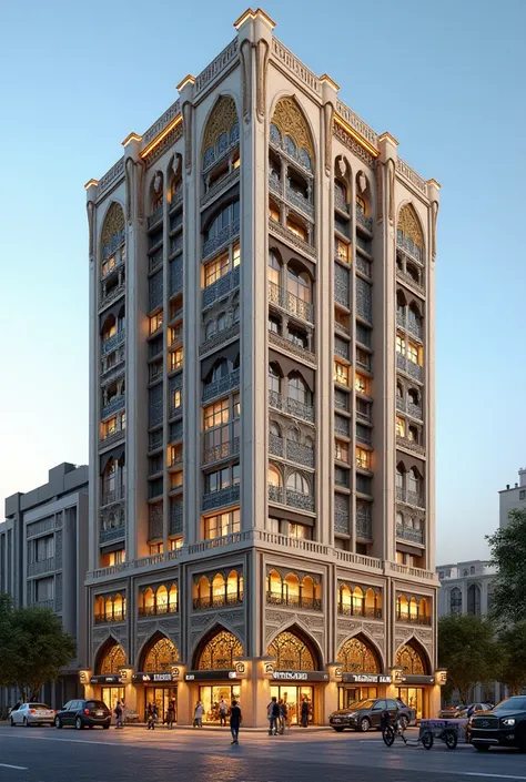 11 storey apparments building, arab architectural designs., basement for parking, ground floor for business shops, first floor restaurant, all others apartments for residences, window