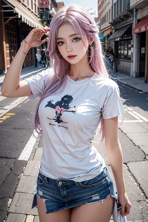 photorealistic, high resolution, soft lights, 1women, solo, hips up, (blue eyes, long hair, pink hair), street wear, t-shirt, skirt, jewelry, tattoo