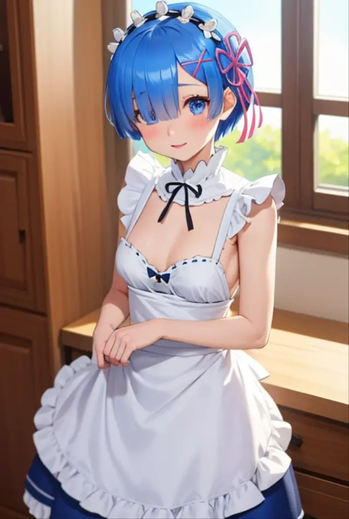 underwear, rem_(re:zero), panties, pubic_hair, panty_pull, x_hair_ornament, pussy, female_pubic_hair, white_panties, outdoors, blue_hair, solo_focus, assisted_exposure, blue_eyes, hair_ornament, short_hair, roswaal_mansion_maid_uniform, 1girl, day, bow_pan...