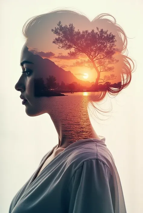 high quality, 8K Ultra HD, A beautiful double exposure that combines an goddess silhouette with sunset coast, sunset coast should serve as the underlying backdrop, with its details incorporated into the goddess , crisp lines, The background is monochrome, ...