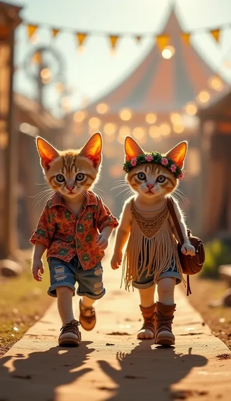  "Music Festival Vibes – Baby Cats in Boho Chic Style 🎵🌻"
Two slim, upright-walking baby cats confidently walk forward on a festival-inspired runway surrounded by tents, fairy lights, and a boho backdrop. The male cat wears a patterned shirt, distressed de...