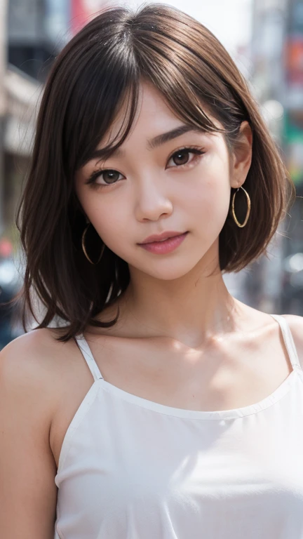 Random Face,  1 Japanese Girl , tokyo street,  simple background ,  full body shot, close, smile, (8k,  RAW Photo ,  top quality,  Masterpiece:1.2),( by Nomi, photo- by Nomi:1.37), ( Beautiful Delicate Eyes), stylish girl, (smile),  earrings,( casual fashi...