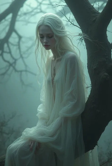 Long-haired female ghost crying on a tree