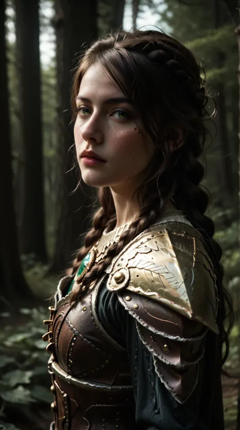 score_9, score_8_up, score_7_up, BREAK, zy_aloy, 1girl, long hair, brown hair, freckles, braid, green eyes, portrait, realistic, photo, real hair, detailed skin, armor, forest, highly detailed, detailed skin, depth of field, film grain, 