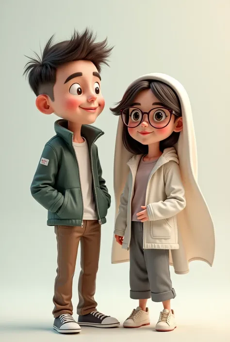 Create a 3D caricature of a short-haired 30-year-old man wearing a jacket and trousers with a 20 year old woman wearing a veil and glasses