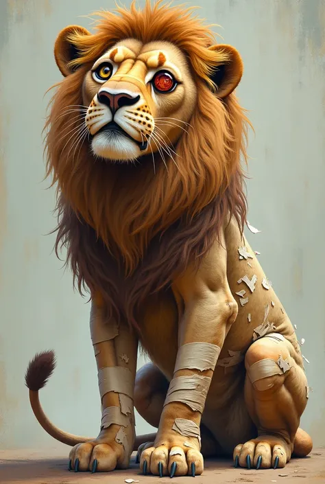  Imagine a lion all busted up , bloodied,  with many wounds on the body  . Body gas bandages .  The lion must have an eye bruised by a punch.  It must be an image that conveys humor 