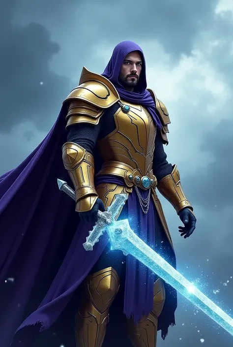 Generate a photorealistic image of a human knight wearing ornate, golden-plated armor with dark purple accents. His flowing cape adds a sense of movement as it billows in the wind. He wields a glowing, icy-blue sword, radiating magical energy, and his expr...