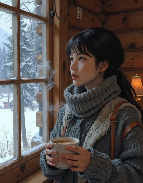 ((masterpiece, highest quality, Highest image quality, High resolution, photorealistic, Raw photo, Extremely detailed CG unified 8k wallpaper)), A snowy morning in the middle of winter, in the atmospheric log cabin, a charming woman looking out the window,...