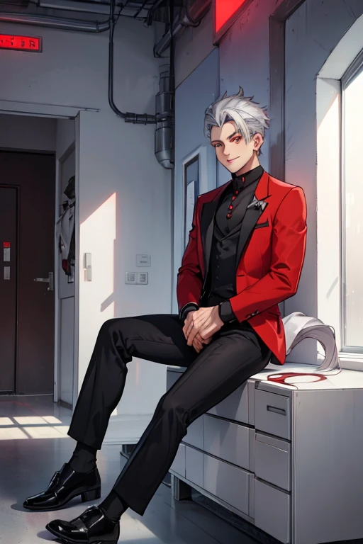 male, silver hair, red eyes, silver wolf ears, silver wolf tail, (((1boy))), (((silver business suit))), (red shirt), (black pants), (black fingerless gloves), (black shoes), handsome, long legs, smiling