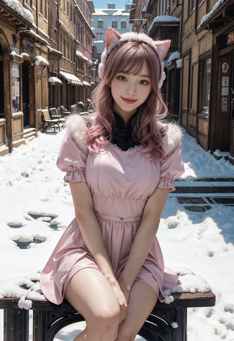 cheerful girl ,(pink color bob hair),(red eyes), cat ears, (medieval fantasy ),(wearing Winter Gorges gothic Lolita dress),(fur accessories on her head 1.5),(fur porch in her hand),(smile 1.2),((sitting on a bench in a snowy town background1.1)) ,full body...