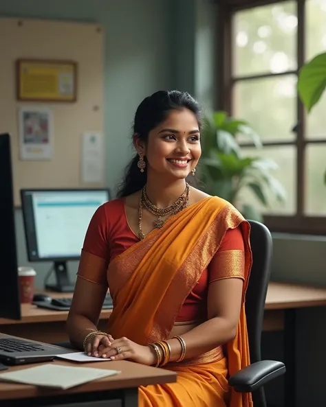 Kerala village woman 38D size in traditional blouse and lungi working in an office 