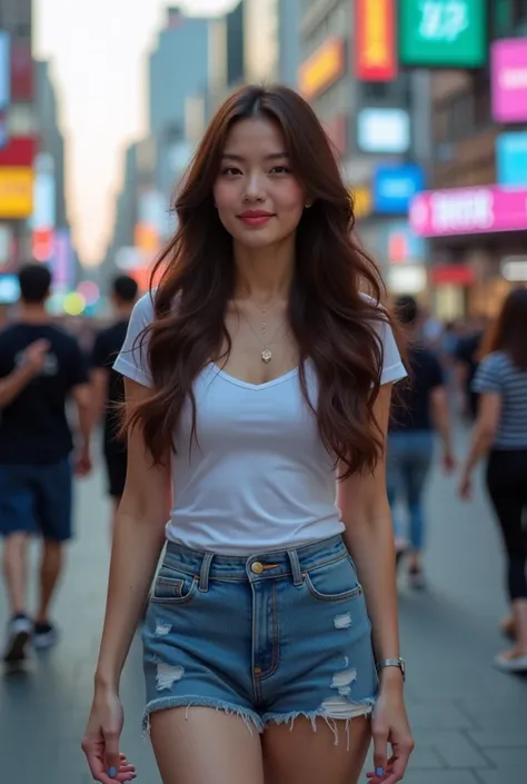 best quality,8k, Detailed facial depictions, Detailed eye description, Brown hair(long wavyhair),beautiful korean girl, 40 years old, slim body, huge breast , tshirt and short jean , walking around in the middle of the city with lots of people in Itaewon, ...