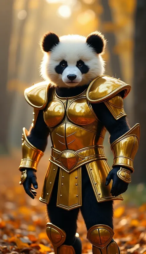 cute baby panda, Ultra-high saturation（tmasterpiece）， fully body photo，（best qualtiy)，super wide shot， sface focus，  Wearing shiny gold armor，Expose your chest，Expose the waistline，Exposing thighs，cool-pose， Saint Seiya Armor， messy  hair，high detal, Anime...