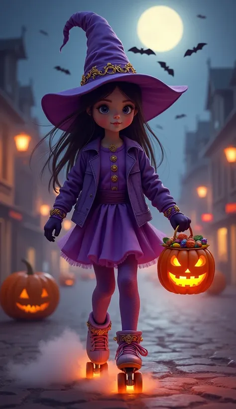 pretty girl in purple clothes and witch's hat with gold ornaments , pretty eyes wearing inline skates with glowing luminous wheels, Pumpkin-shaped basket full of candies hanging in the hand,  gloves and knee pads , Full Moon Church, pumpkins, calaveras, re...