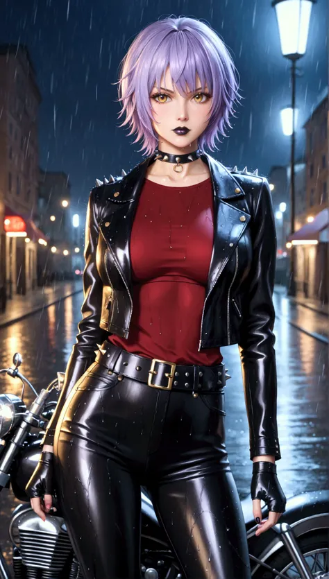 1 ,       masterpiece,       High quality vaccines,      ultra realistic, silky hair,     purple hair,  ,    short hair,    yellow eyes    ,    an illegal biker    , ,     open black leather jacket    ,  red blouse underneath    ,   tight black leather pan...