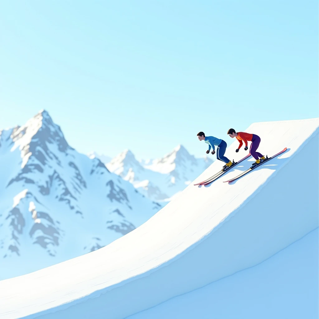 In a ski jumping competition, athletes are crouching down the jumping hill.