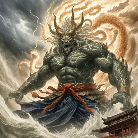 A wild storm god, Susanoo, with fierce eyes and winds swirling around him, rampaging through a sacred temple.