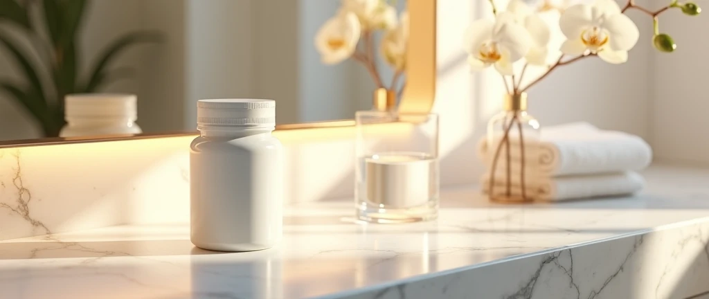 A bright and luxurious product display featuring a clean, unbranded white pill bottle with a smooth, matte finish and a rounded, proof cap. The bottle is short, wide, and cylindrical, placed on a white marble countertop with rich gray and warm beige veins,...