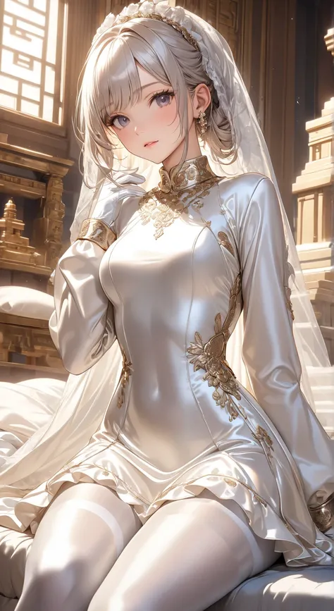  portrait 、god々Shining light、( masterpiece, top quality,  ultra high resolution ),Extremely detailed CG, Japanese Women,(( beautiful face)),(( long sleeve long sleeve dress made of shiny white silk satin in a luxurious temple))、((The dress has a simple des...