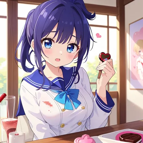  Japan is like an idol  、woman東京コレクション ,((１ woman)), (   ponytail ), Round face ,((    bust up 、 Stains blue and white sailor uniforms with chocolate  ,  Brush、   as shown in the picture  ,        high school 、A masterpiece of natural posture  ,   rainbow ...