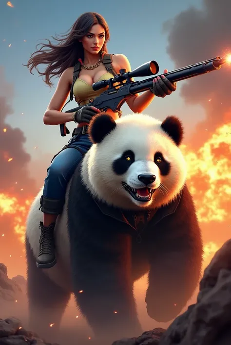 Create an eye-catching YouTube thumbnail featuring a stunning, confident woman holding a sniper rifle, riding on the back of a majestic panda. The background should be an intense PUBG Mobile battleground, with explosions, smoke, and a dynamic, action-packe...