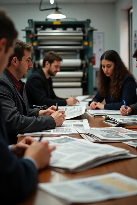 A group of Albanian journalists is writing and printing newspapers in Albanian. A large printing press in the background churns out Albanian-language publications, symbolizing the effort to keep the language alive through media.