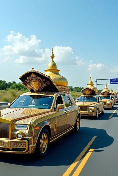 A luxury Rolls Royce convoy driving on a highway, each vehicle elaborately decorated with intricate golden Islamic patterns and embellishments. The leading vehicle has a massive, ornate Quran replica with a black and gold cover on its roof, adorned with a ...