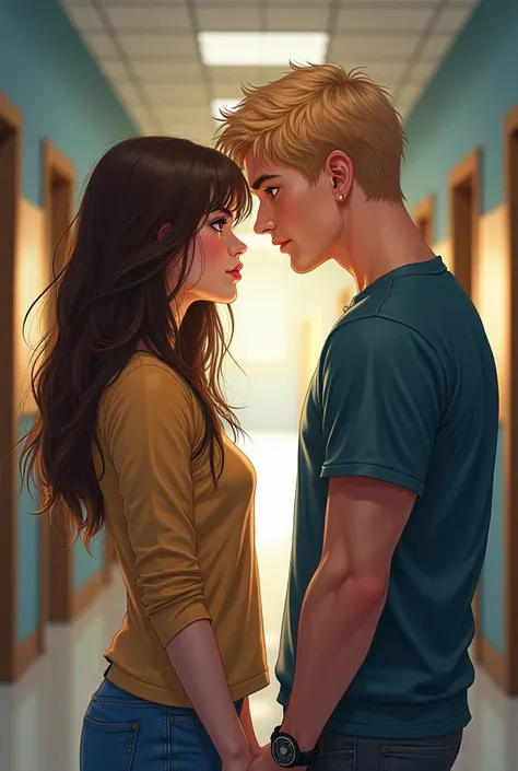  Semi-realistic illustration of a very beautiful woman with long hair and caramel-colored eyes, very shy and a very handsome young man with short blond hair and blue eyes,  muscular, both in the corridor of the university after having collided