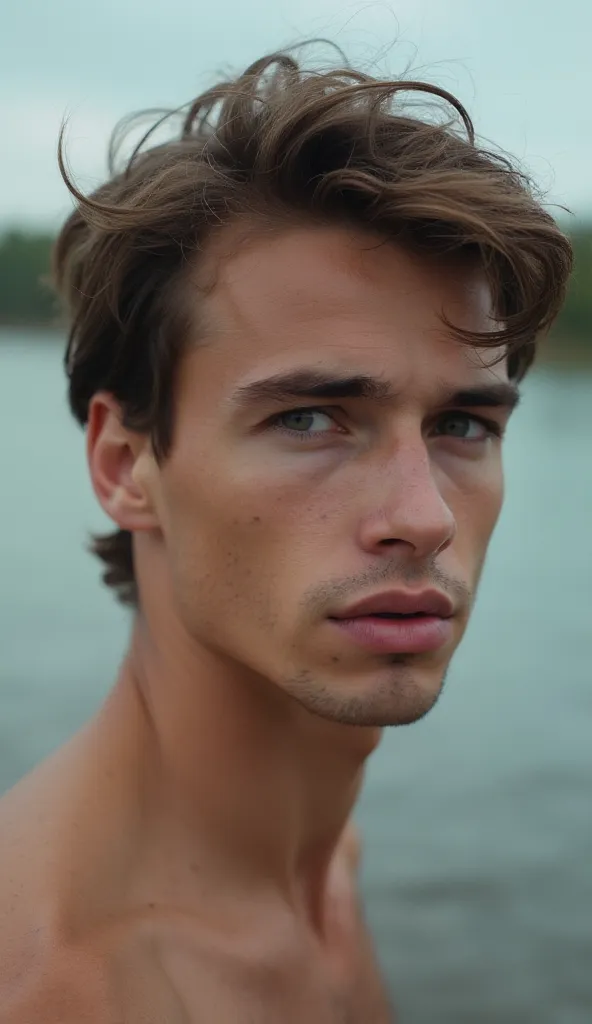 shot on iphone,  Full-length guy , 25 years old, asymmetrical face,  is not very attractive;  clean-shaven ;  Brown hair; 's face stands by the water,  The face is clearly visible ; amateur filming, 