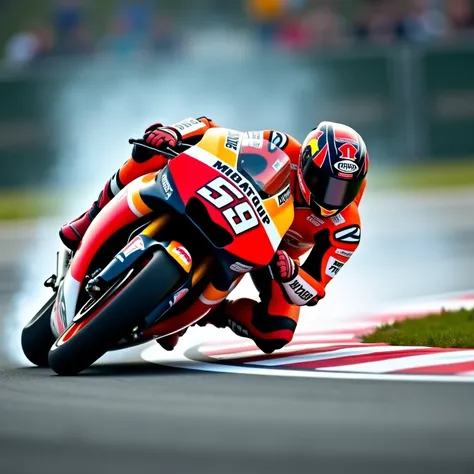 A dramatic low-angle action shot of a MotoGP racer leaning extremely close to the ground while taking a sharp turn. The motorcycle's tires are gripping the asphalt intensely, nearly touching the track. The rider is in full professional racing gear, with a ...