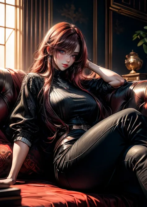 best quality, masterpiece, realistic image, intricate details, raw photo, ultra detailed, fully long crimson red hair, with very long bangs covering one eye, young woman, with expensive intricate black top.0:5 and black skinny black pants.0:3, sexy clothes...