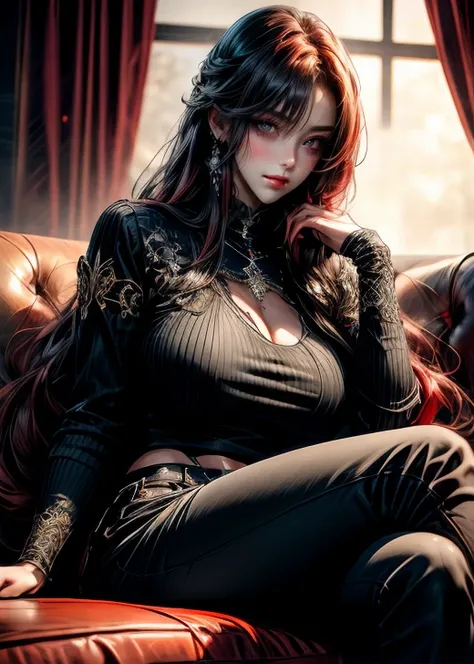 best quality, masterpiece, realistic image, intricate details, raw photo, ultra detailed, fully long crimson red hair, with very long bangs covering one eye, young woman, with expensive intricate black top.0:5 and black skinny black pants.0:3, sexy clothes...