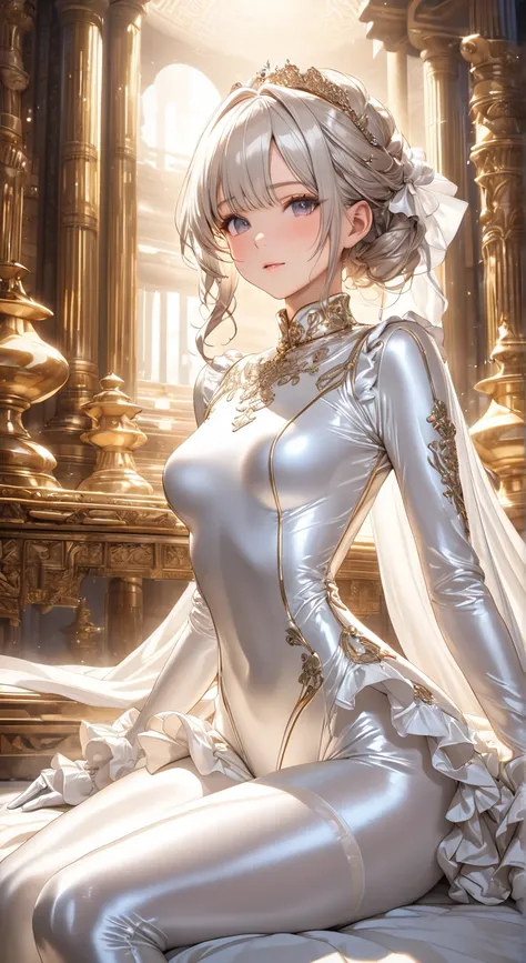  portrait 、god々Shining light、( masterpiece, top quality,  ultra high resolution ),Extremely detailed CG, Japanese Women,(( beautiful face)),(( long sleeve long sleeve dress made of shiny white silk satin in a luxurious temple))、((Luxurious design with ruff...